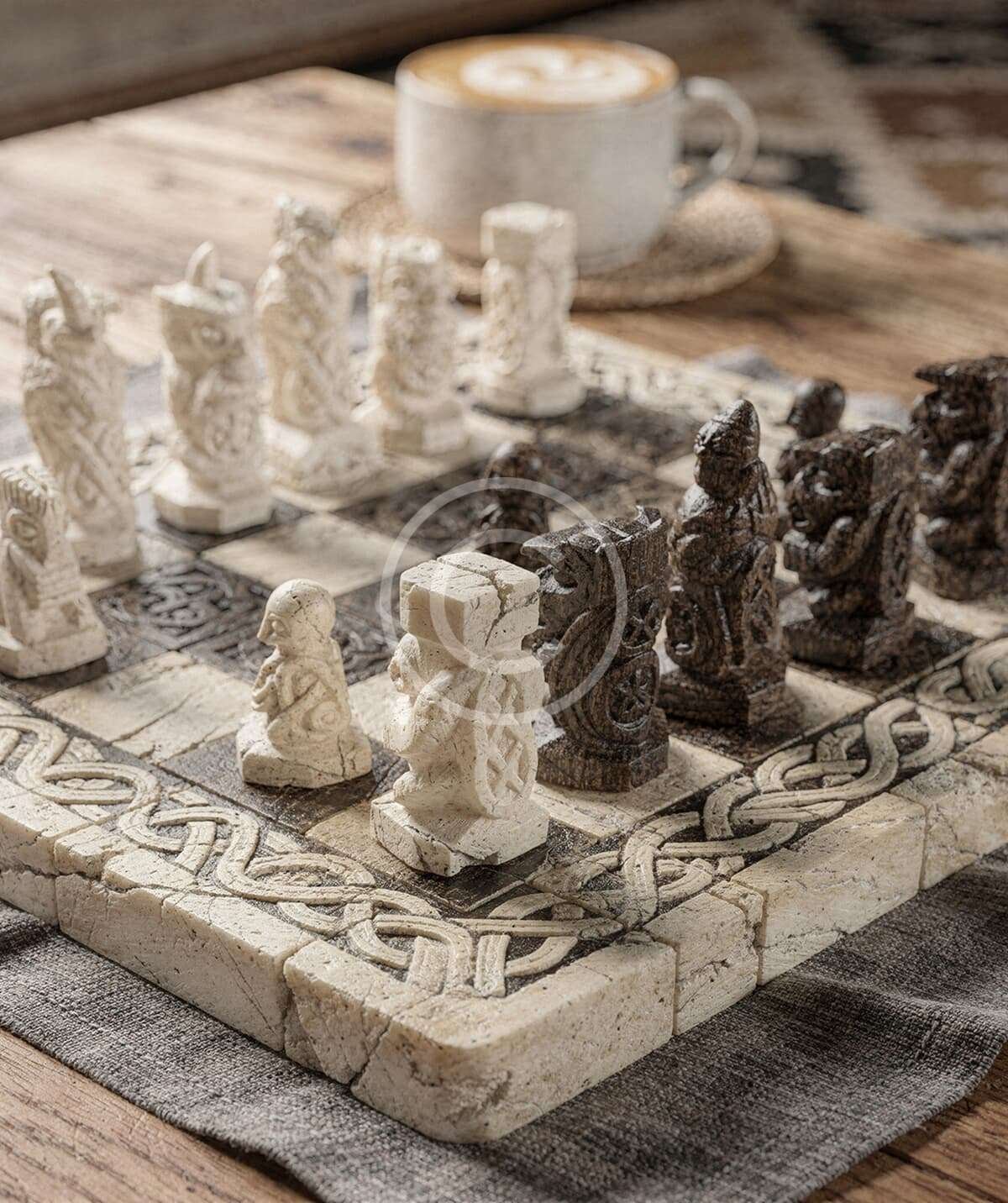 Carved stone chess set